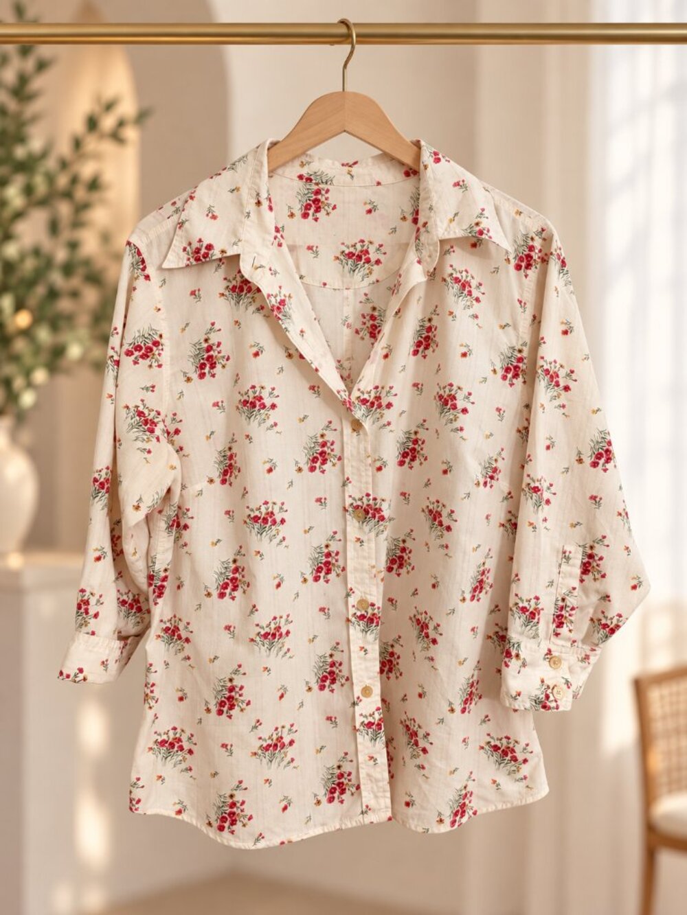 Eddie Bauer Floral Button Down Shirt Large 100% Cotton 3/4 Sleeve
